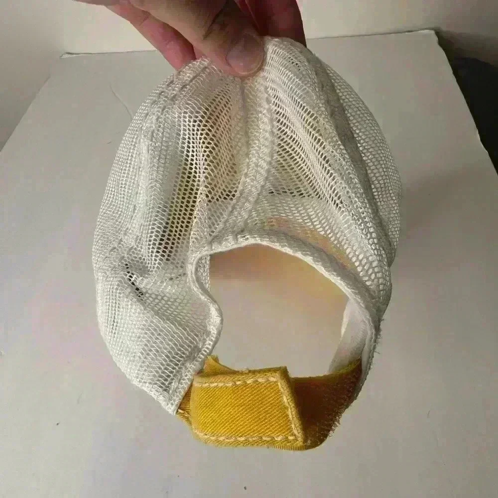 Distressed “Beach Please” Yellow and White hat with Velcro back.